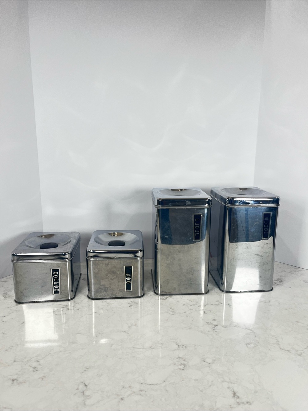 Lincoln Beautyware Vintage Metal Chrome Canister Set. MCM